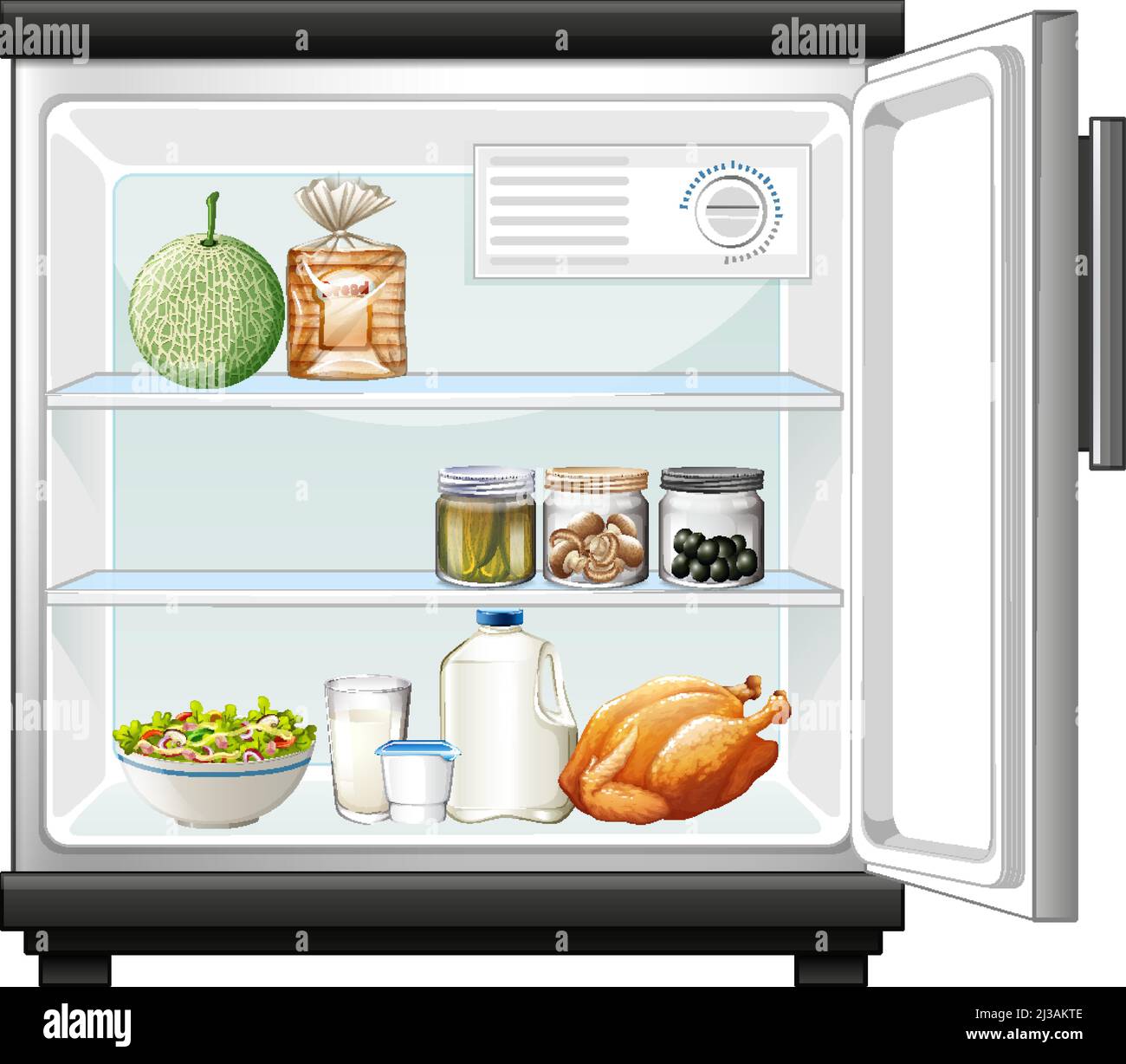 Abrir el refrigerador con la comida dentro de la ilustración Imagen