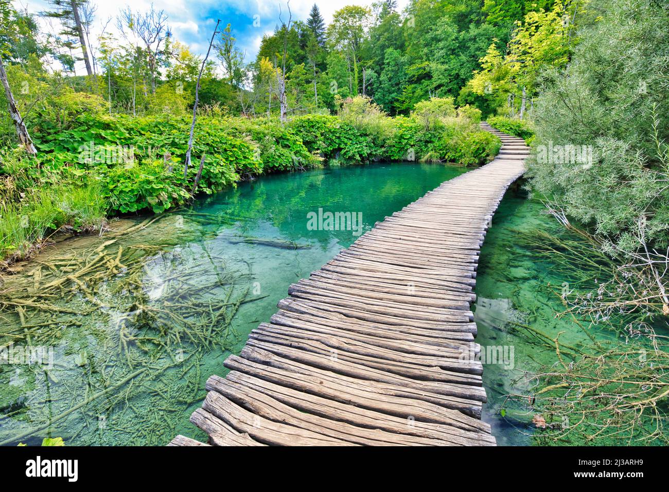 Embarcadero del lago Gradinsko jezero en el Parque Nacional de los Lagos de Plitvice de Croacia. La UNESCO, Patrimonio Mundial de Croacia, nombró a Plitvicka Jezera en la región de Lika Foto de stock