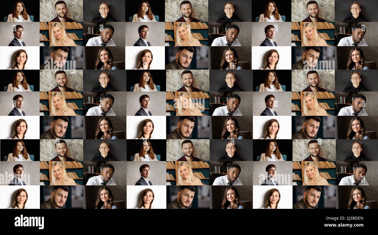 Muchas personas multirraciales diferentes en la cabeza retratos en un mosaico cuadrado collage imagen, una colección de retratos de fotos,. Hombre multicultural Foto de stock