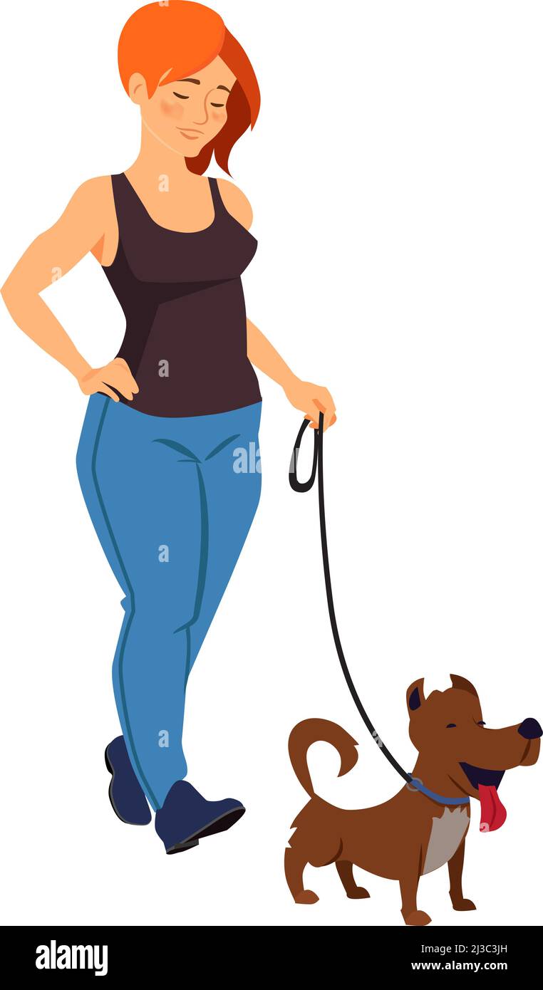 Mujer joven caminando con perro. Niña sosteniendo un cachorro sobre correa  Imagen Vector de stock - Alamy