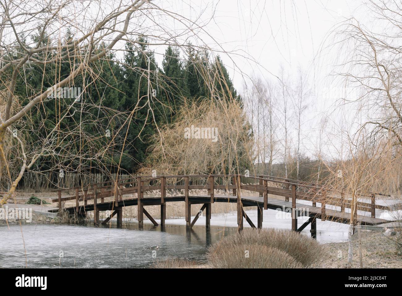 Vista del puente de madera sobre el río en un día de primavera. Bosque a orillas del pintoresco río. Hermoso paisaje durante abril. Foto de stock