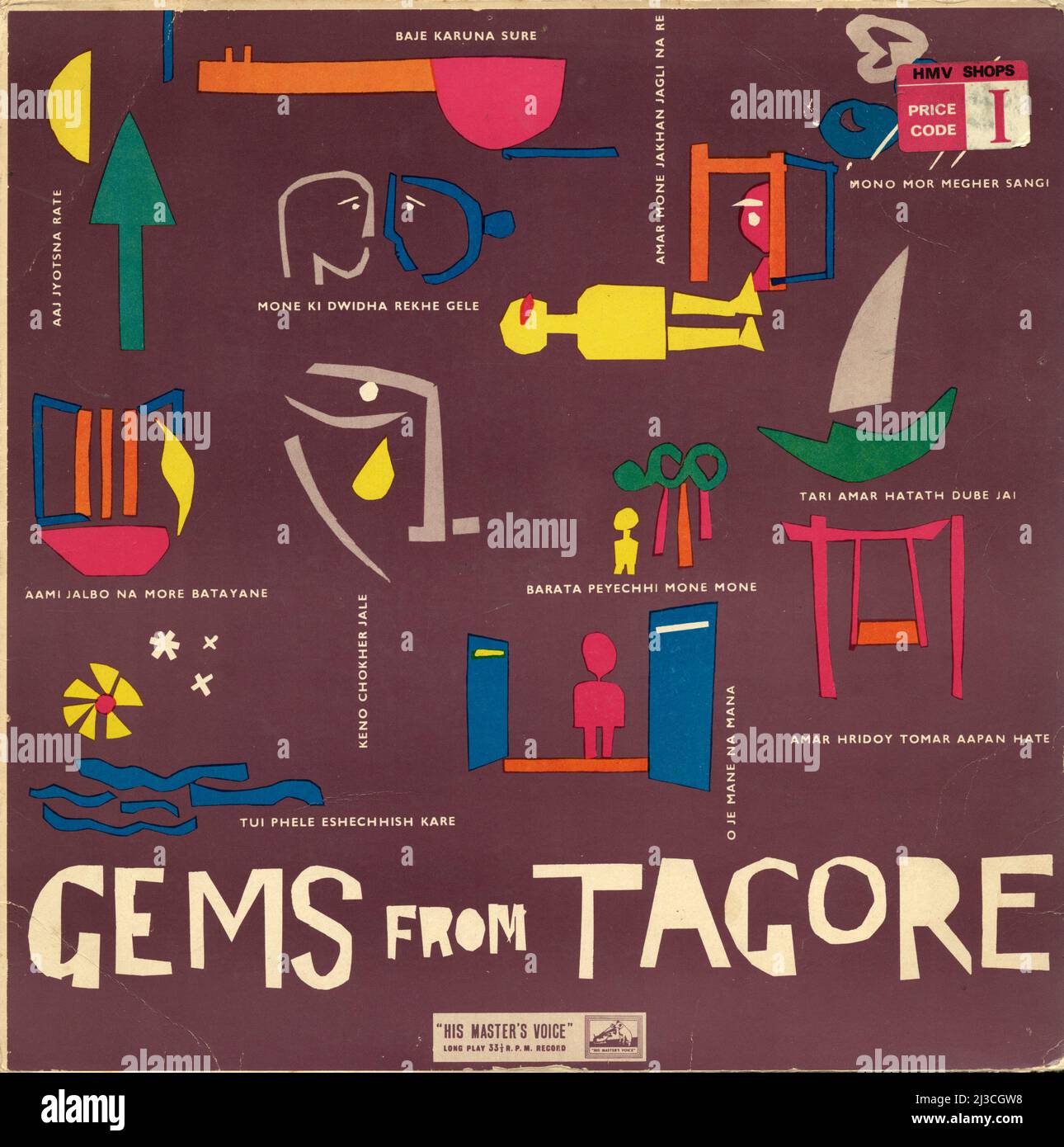 GEMS from Tagore, álbum de música popular india, publicado por su sello Masters Voice HMV en la India, interesante diseño de manga abstracta y tipografía, 1960. Foto de stock