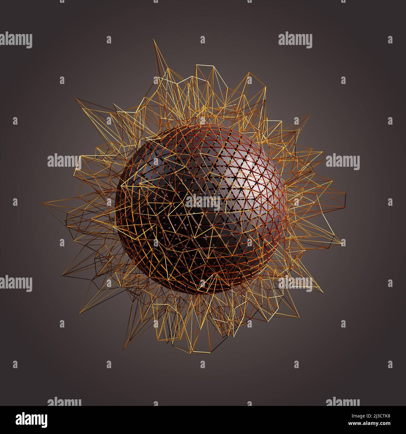 Imagen de esfera abstracta con espículas alrededor y la esfera formada por triángulos. Concepto de comunicación o complejidad. Foto de stock