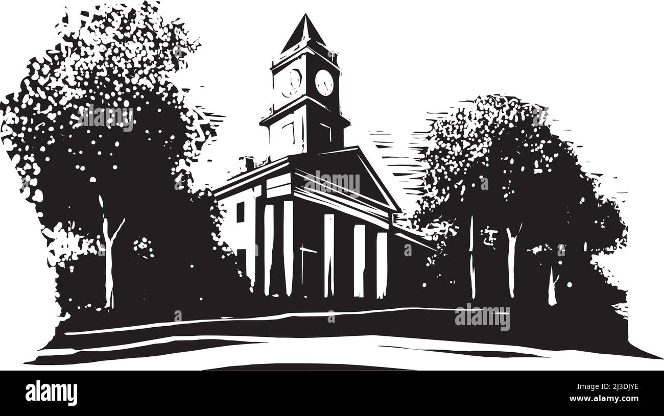 Imagen en madera de la escuela o iglesia con una torre de reloj. Ilustración del Vector