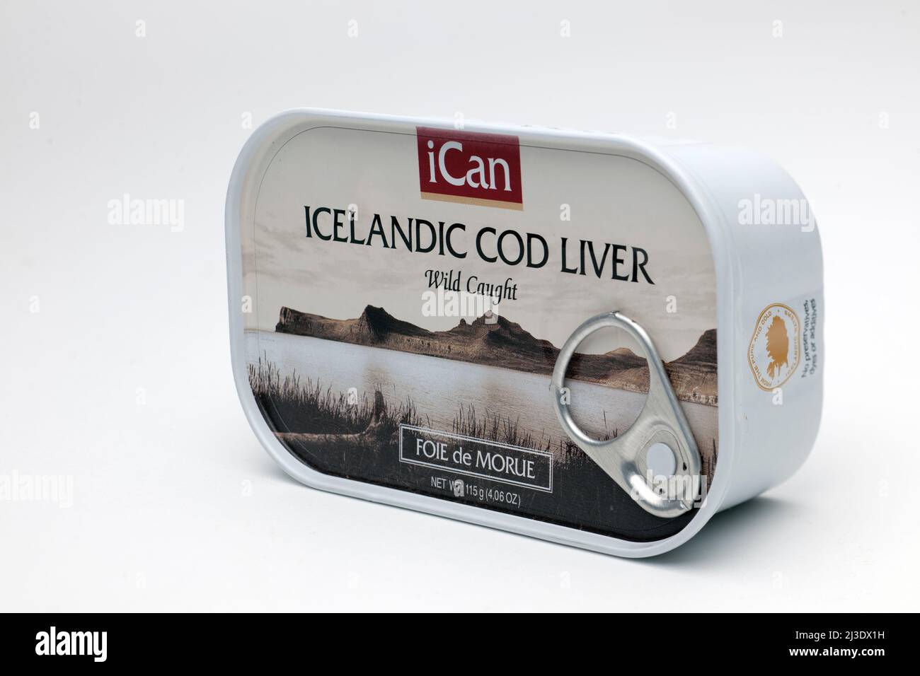 Estaño de ICAN Islandés Cod Liver con un anillo Pull Can Foto de stock