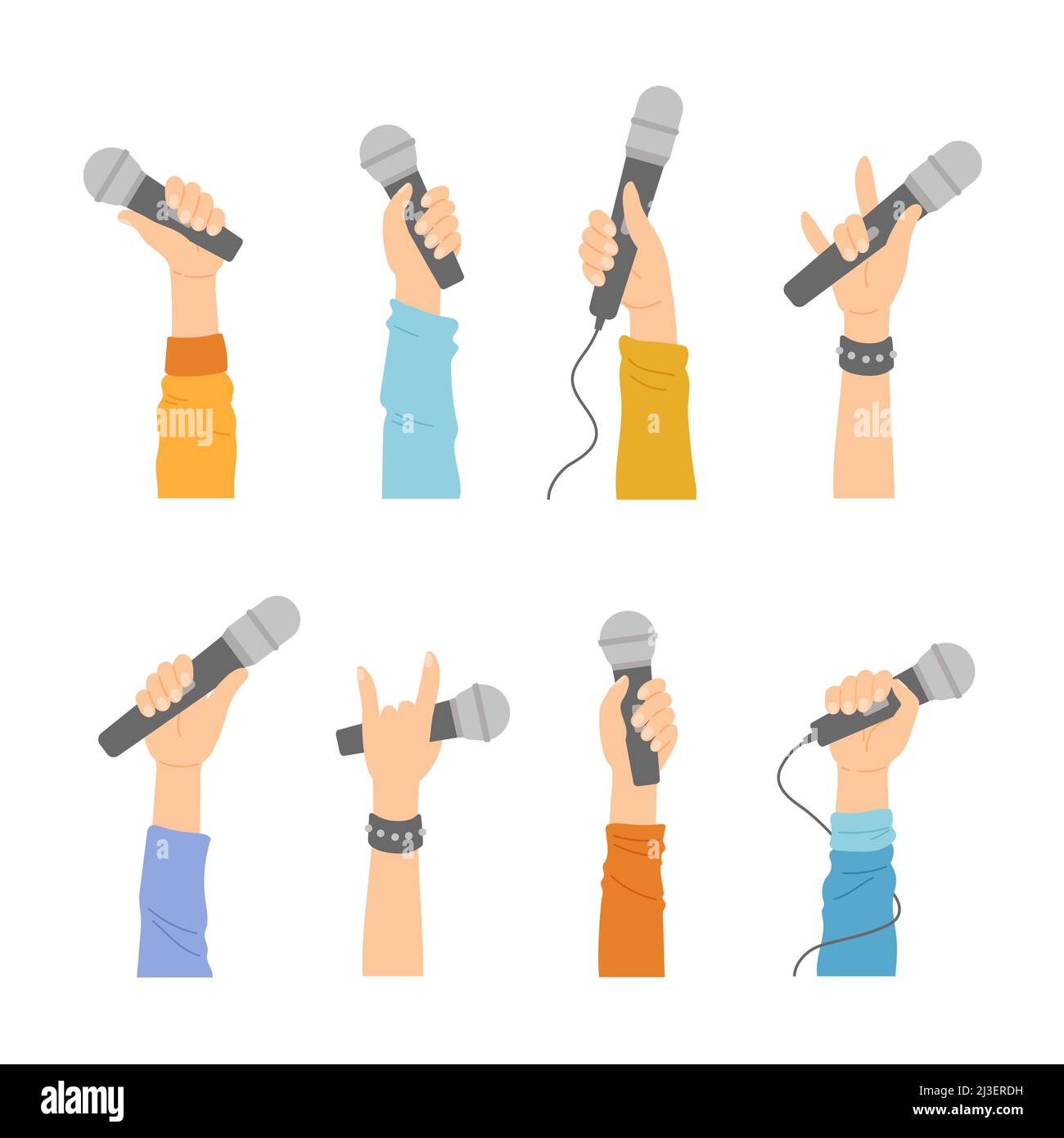 Manos con micrófonos, palmas humanas sosteniendo micrófonos, show de  cantante rock gesto, karaoke bar recreación, entrevista con periodista,  concierto de música aislado desig Imagen Vector de stock - Alamy