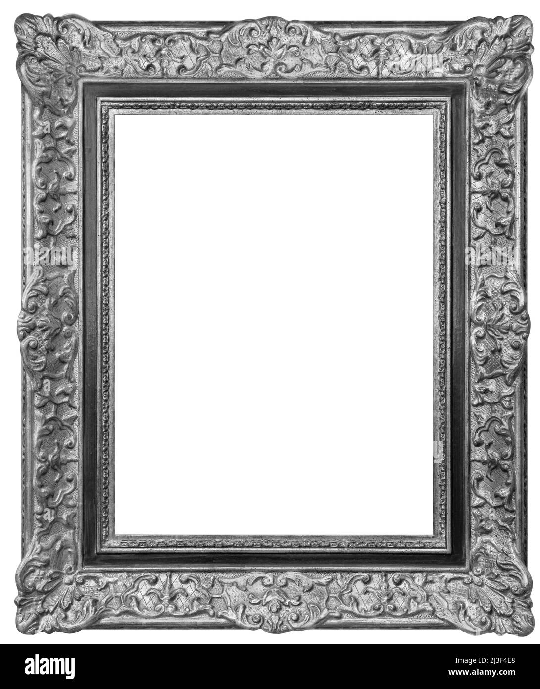 Antiguo marco rectangular de madera vintage chapado en plata, aislado sobre fondo blanco Foto de stock