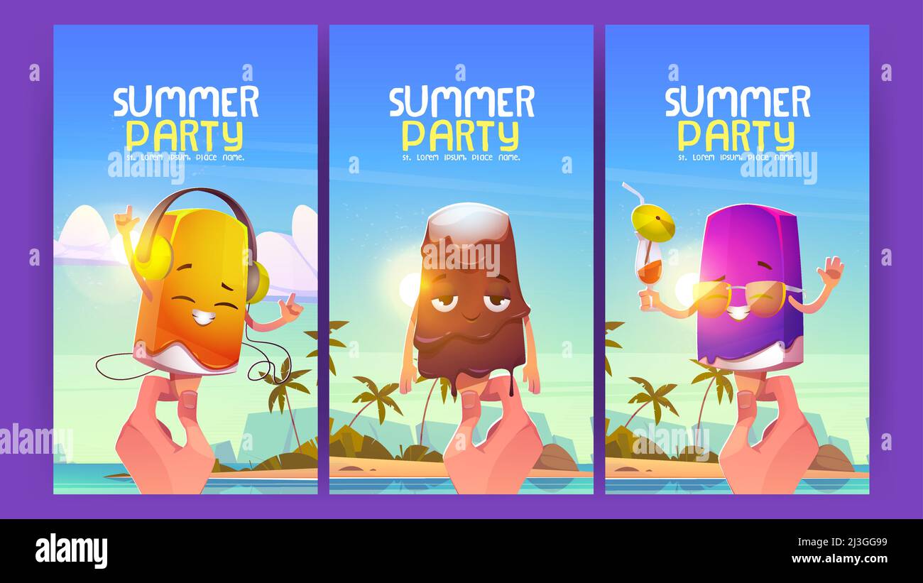 Carteles de dibujos animados de la fiesta de verano con personajes de helados. Los volantes de invitación con la mano que sostiene personajes graciosos de las paletas usan gafas de sol y Carteles de dibujos animados de la fiesta de verano con personajes de helados. Los volantes de invitación con la mano que sostiene personajes graciosos de las paletas usan gafas de sol y