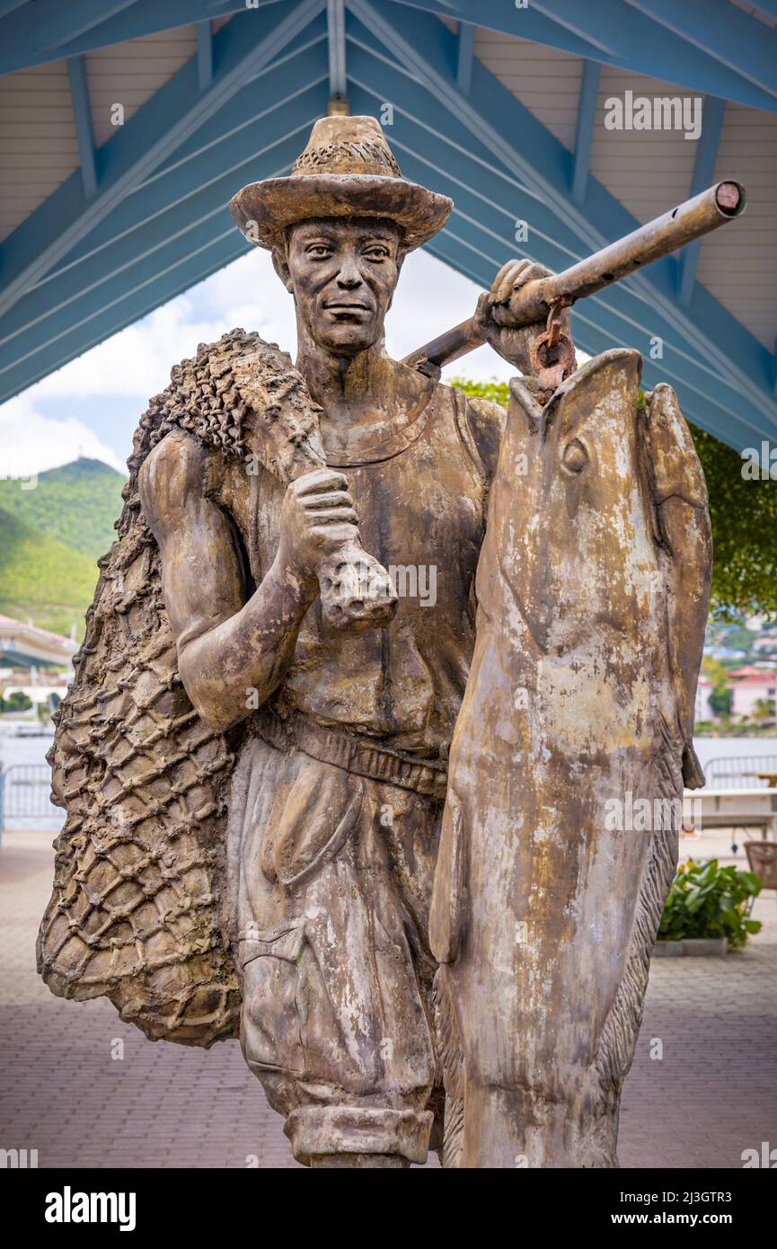 América, Caribe, Antillas Menores, Antillas Francesas, Saint-Martin, Marigot, Escultura de pescadores tradicionales Foto de stock