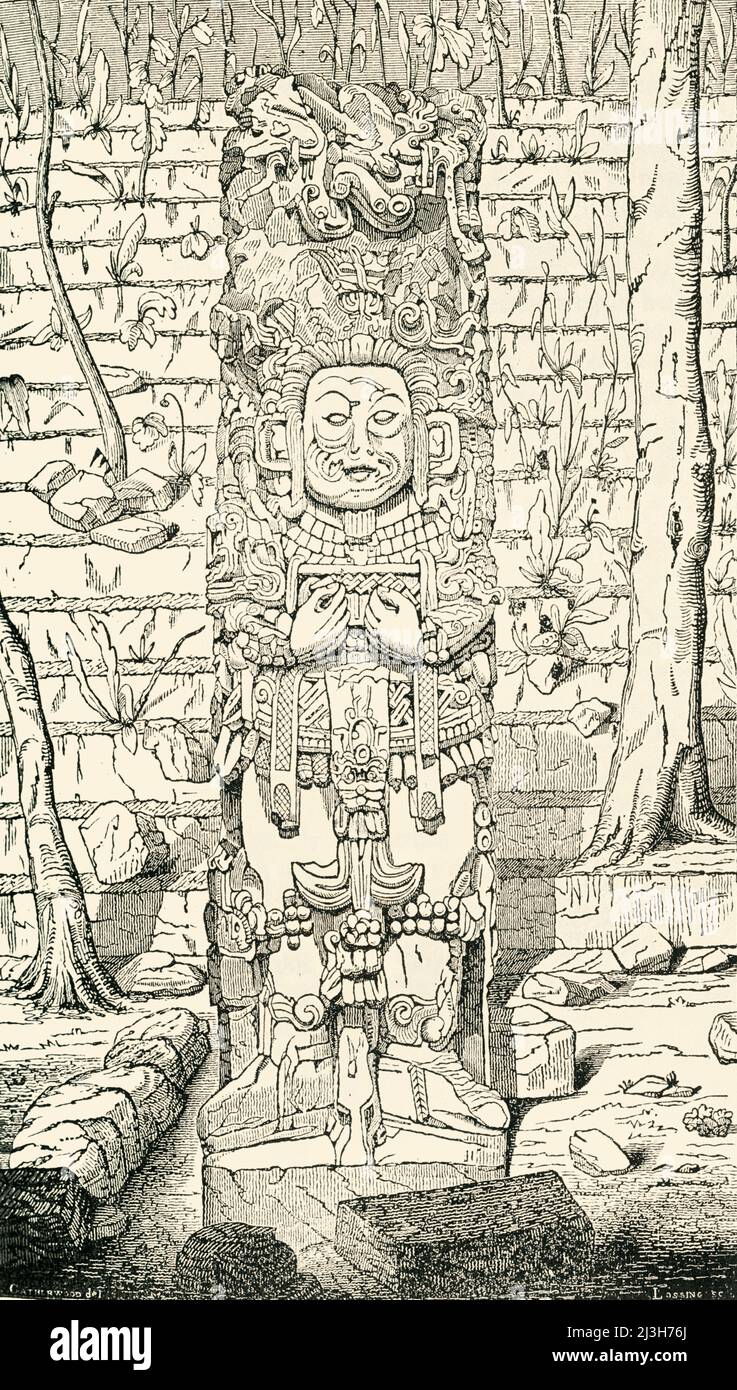 'Monumento en Copán', 1849. Escultura maya en COP&#xE1;n en Honduras. De la Historia Pictórica de México y la Guerra Mexicana, por John Frost, LL.D.. [Thomas, Cowperthwait and Co., Philadelphia, 1849] Foto de stock