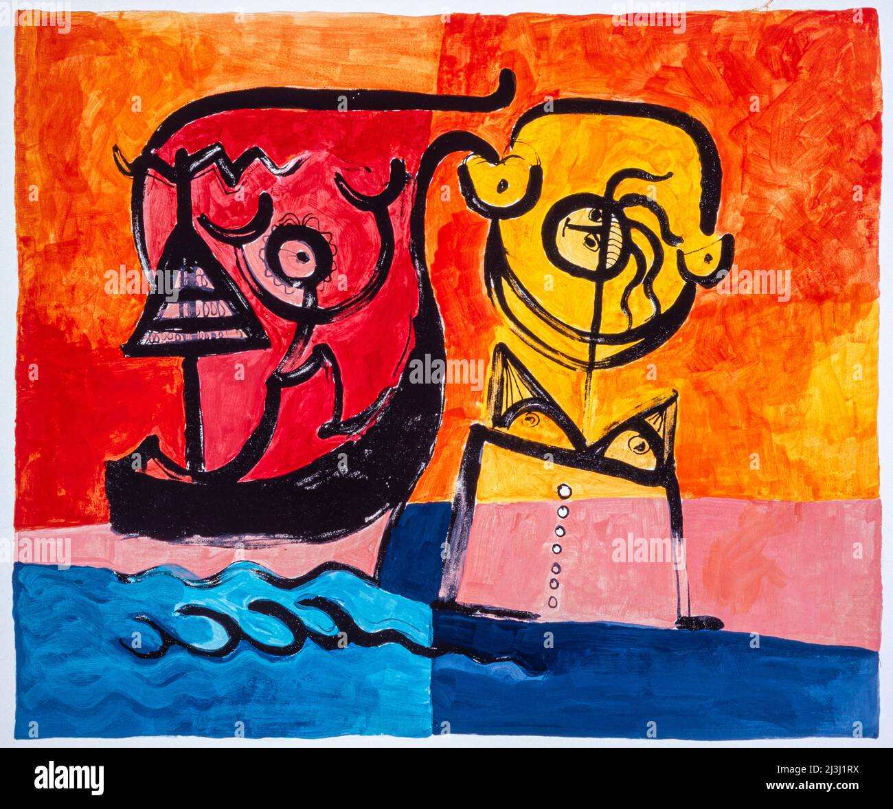 Pintura de Pia Bühler, grabado, acrílico La nave de los muertos es el nombre dado al vehículo que lleva el alma del difunto a la vida posterior. Esta idea atraviesa muchas mitologías del mundo. Foto de stock