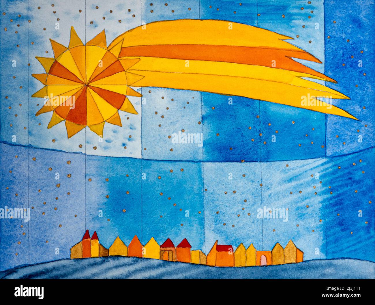 Acuarela de Heidrun Füssenhäuser Estrella de cola sobre la ciudad, estrella amarilla, cielo azul Foto de stock
