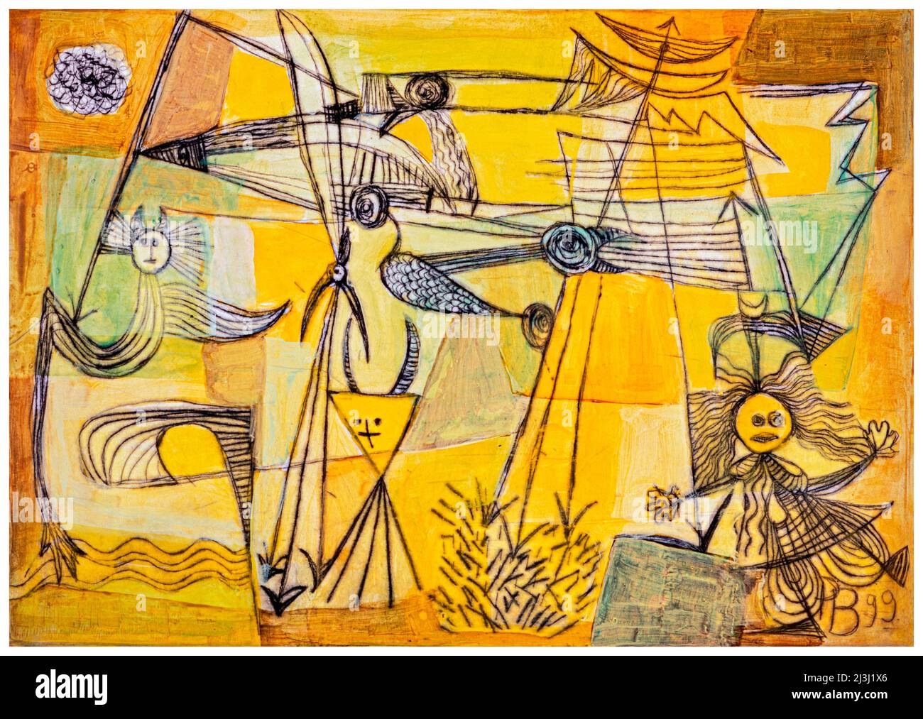 Pintura de Pia Bühler, grabado, acrílico Un salto en el aire transporta la figura de fantasía a un mundo fantástico con todo tipo de criaturas en el aire, todo en amarillo, que en realidad representa una mente aguda, intelecto, verdad, racionalidad y sabiduría, pero el amarillo también inspira el espíritu. Foto de stock
