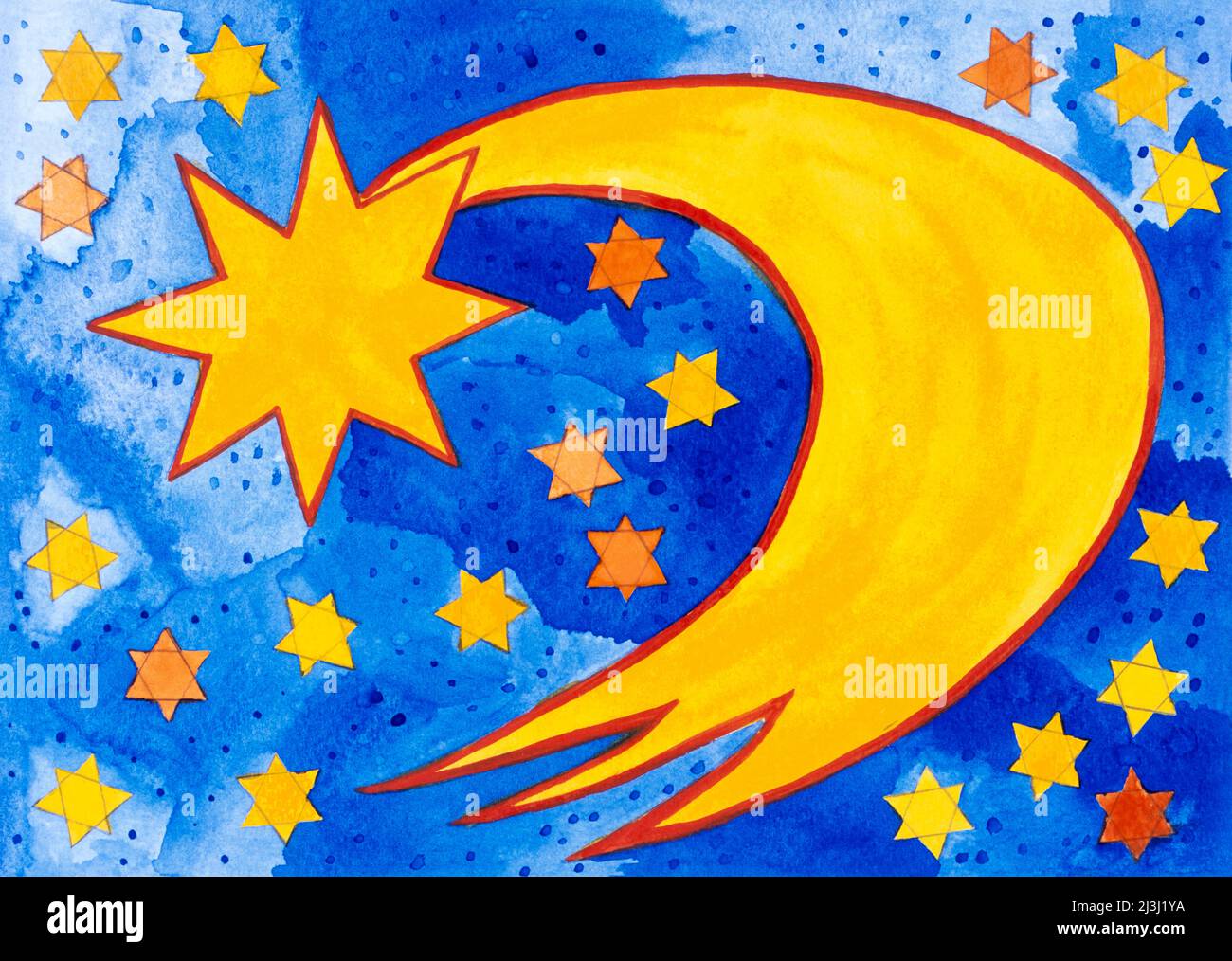 Acuarela de Heidrun Füssenhäuser, estrella de cola, punisettia, estrella amarilla, cielo azul, muchas estrellas pequeñas Foto de stock