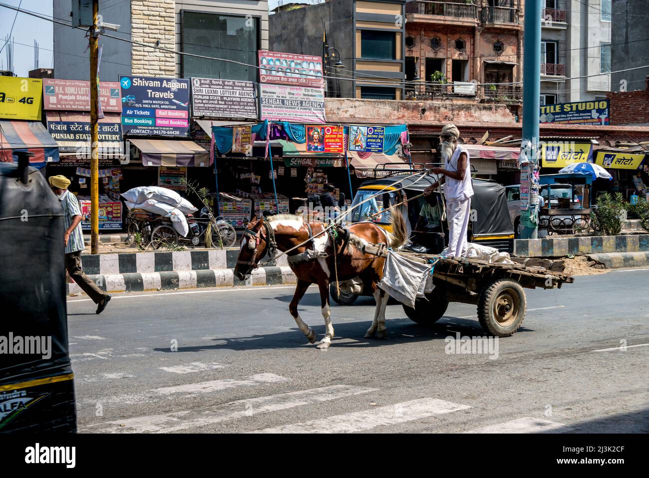 El hombre se para en un carro tirado por un caballo por una calle llena de tiendas en una ciudad de la India; Amritsar, Punjab, India Foto de stock