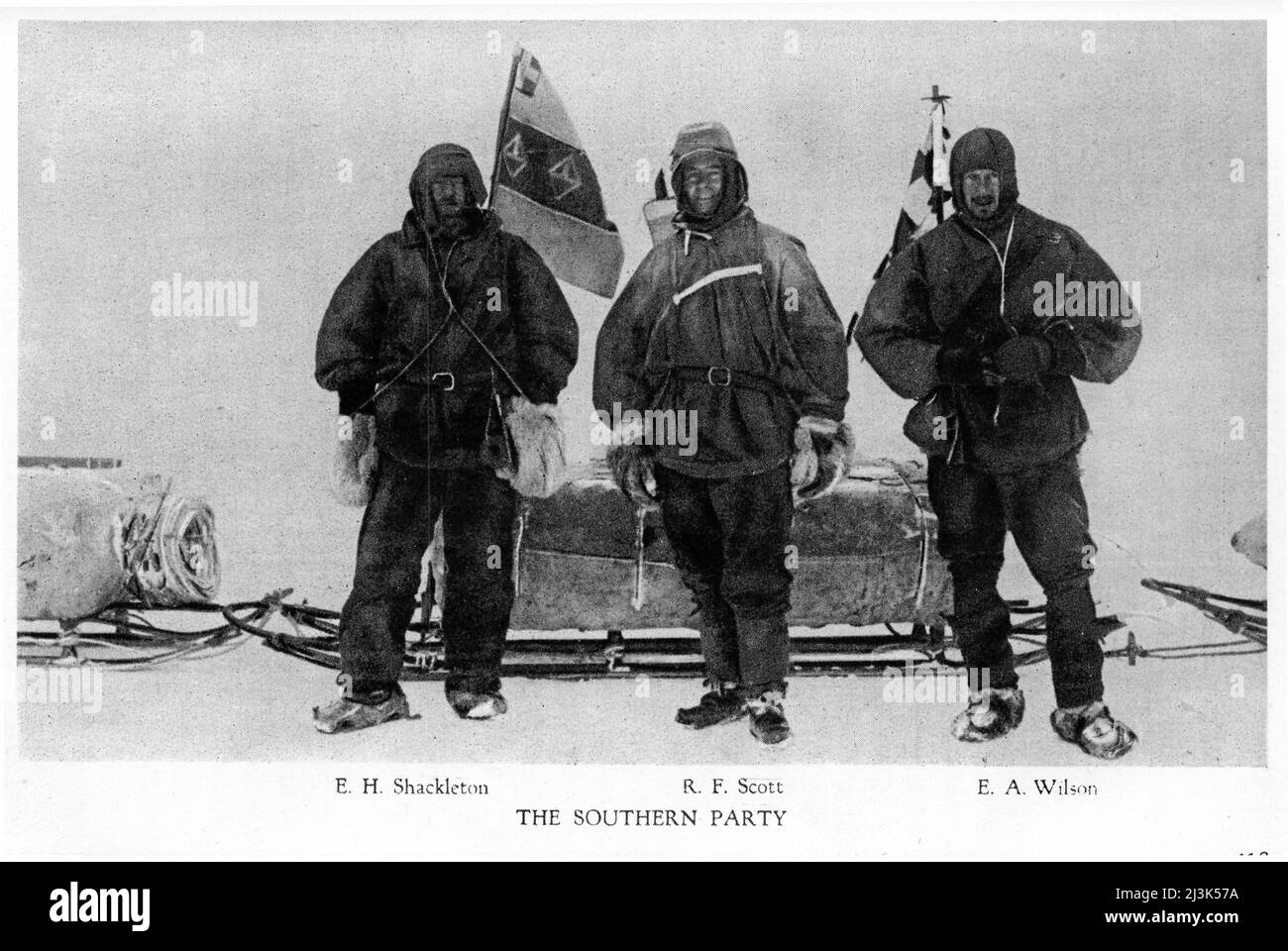 (De izquierda a derecha) Ernest Henry Shackleton, el capitán Robert Falcon Scott y el Dr. Edward Adrian Wilson en la Expedición Antártica Nacional Británica (alias Discovery-Expedition), 2 de noviembre de 1902 Foto de stock
