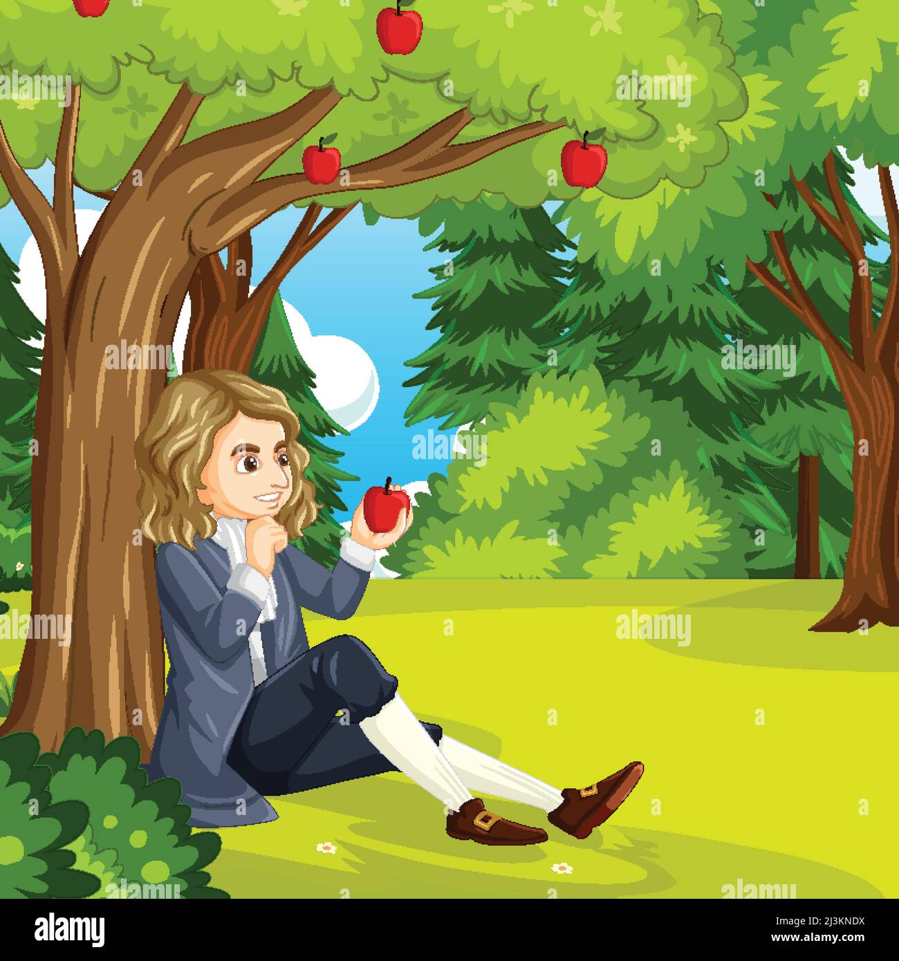 Isaac Newton sentado debajo de la ilustración del árbol de manzana Ilustración del Vector