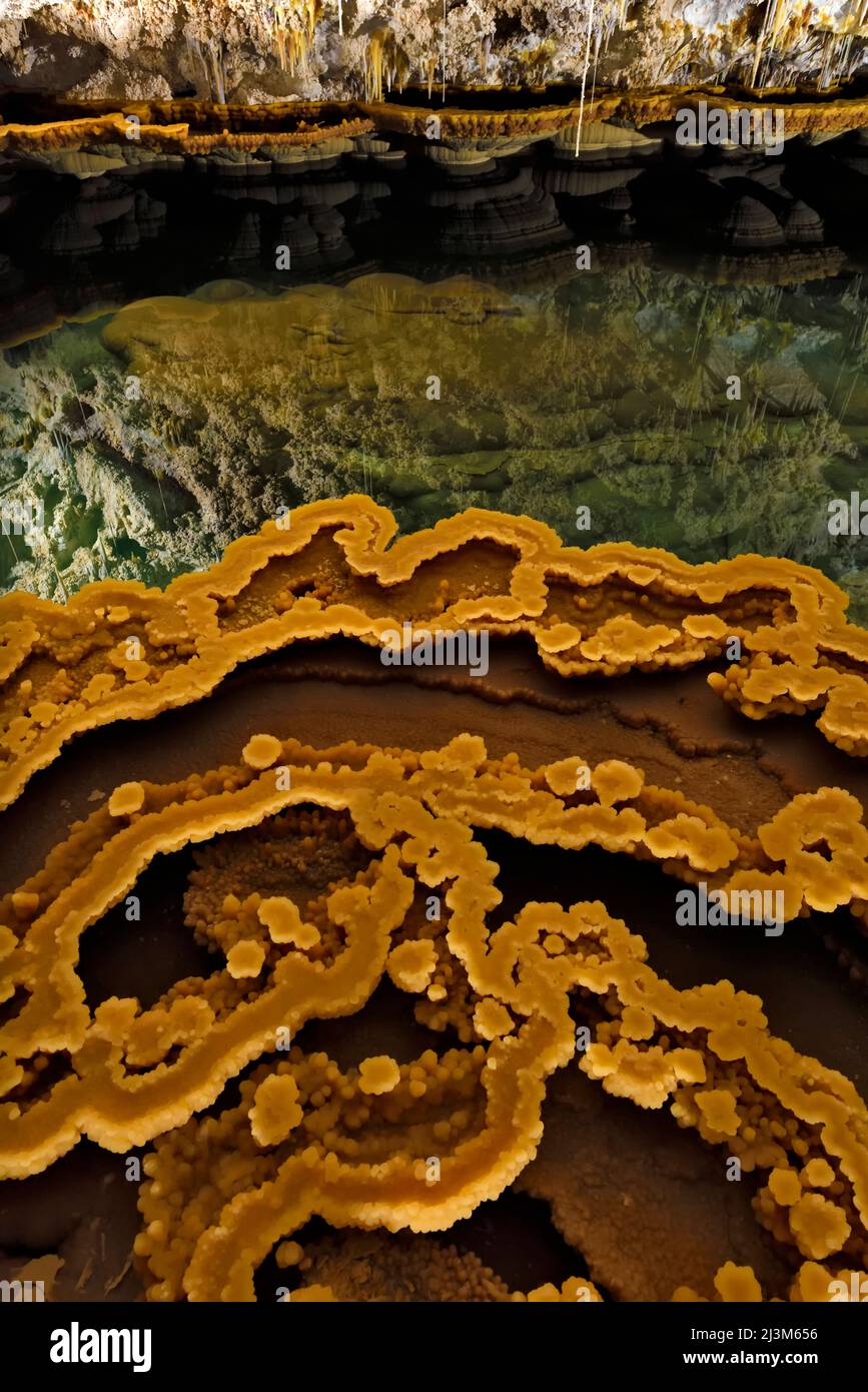 Rimstones y gours en el Lago Castrovalva dentro de la Cueva de Lechuguilla; Parque Nacional de las Cavernas de Carlsbad, Nuevo México. Foto de stock