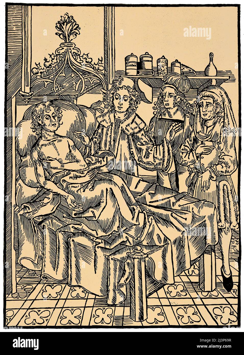 Un médico que asiste a un paciente de peste, siglo 16th Foto de stock