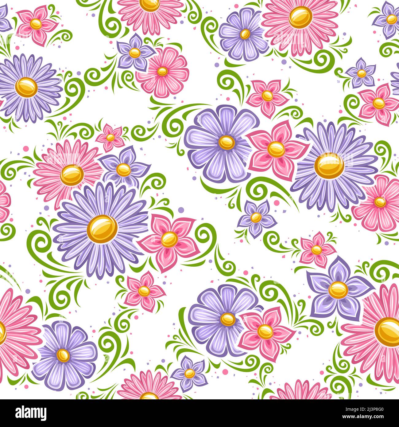 Vector Flores de vacaciones sin costuras Patrón, fondo cuadrado que repite  con la ilustración de color pastel flores petunia, jerbera violeta, dibujos  animados verde Imagen Vector de stock - Alamy