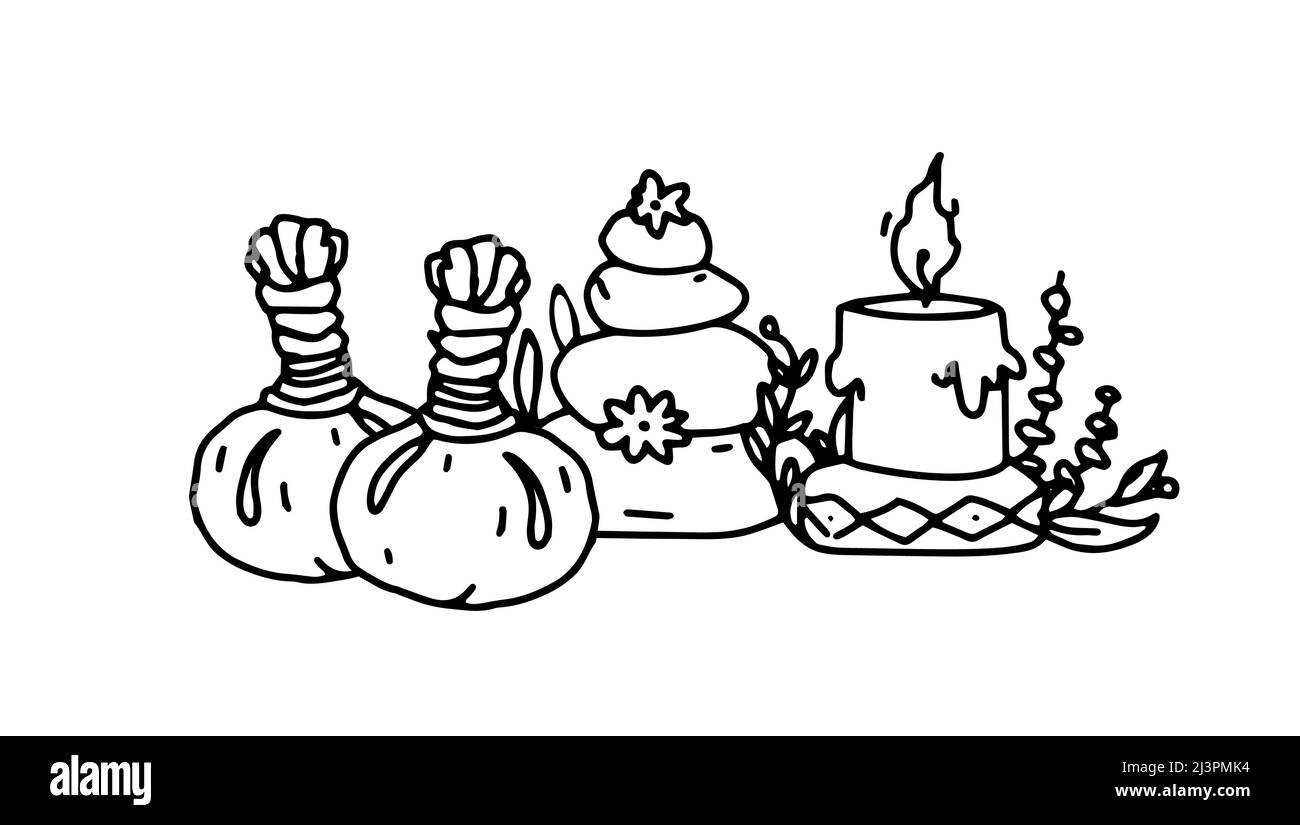 Bolas de masaje herbarias con piedras de masaje LaStone. La composición del spa ayurvédico con elementos de masaje en el estilo de tallarines de contorno. Ilustración del Vector