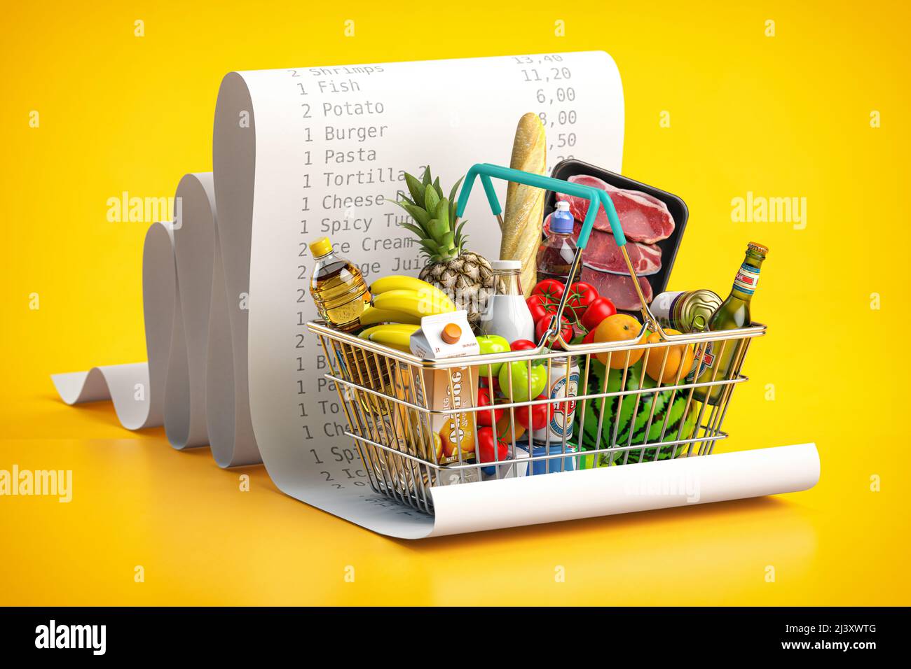 Cesta de la compra con alimentos en la recepción. Presupuesto de gastos