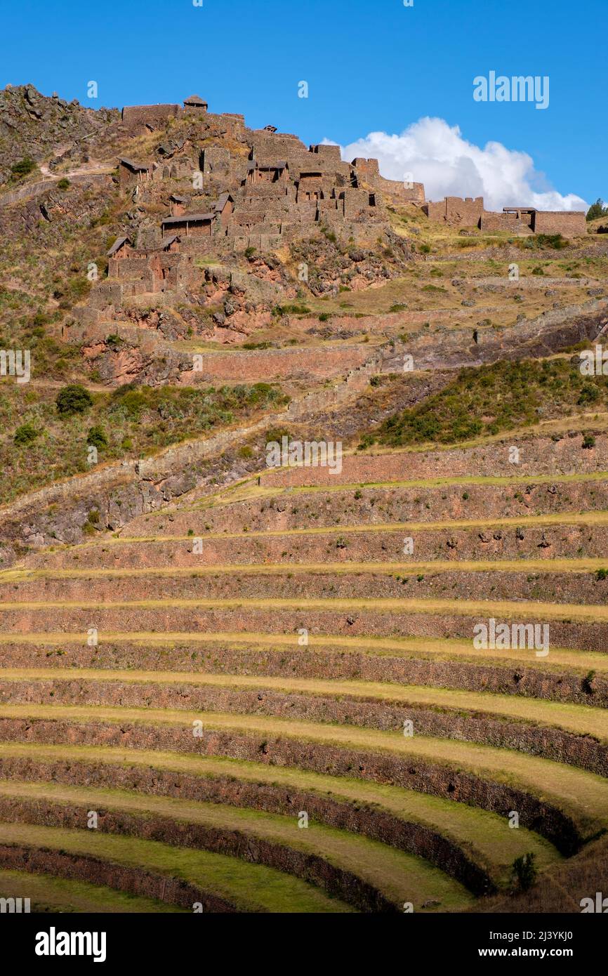 Pisac Q'Allaqasa (Ciudadela) sector de las ruinas de la fortaleza inca Pisac, Valle Sagrado del Perú. Foto de stock