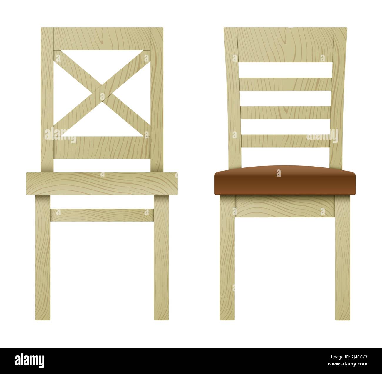 Conjunto vectorial de sillas de madera de diferentes estilos con y sin amortiguación, aisladas sobre fondo blanco. Ilustración del Vector