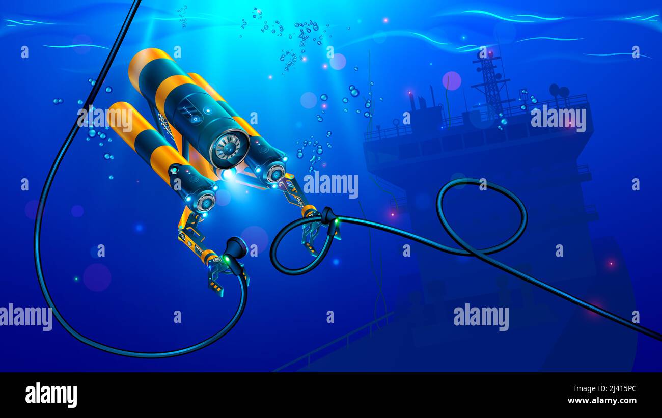 rov subacuático autónomo o drona con manipuladores o brazos robóticos. Moderno vehículo submarino de accionamiento remoto. Robot submarino para aguas profundas Ilustración del Vector