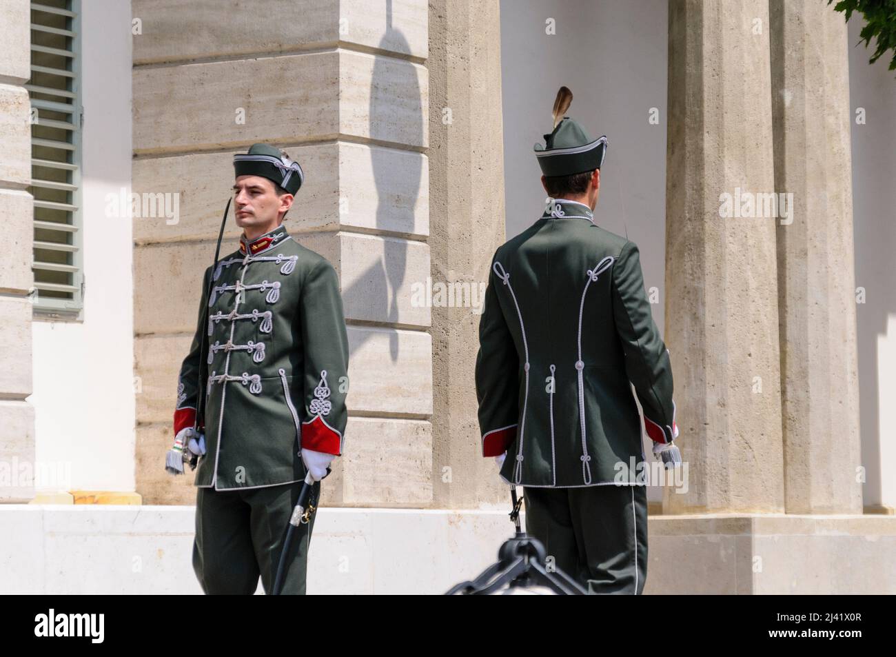Budapest, Hungría. 13th de julio de 2008. Los soldados vestidos con uniforme tradicional realizan la ceremonia del cambio de guardia en el Palacio de Sandor, Castillo de Buda. Foto de stock