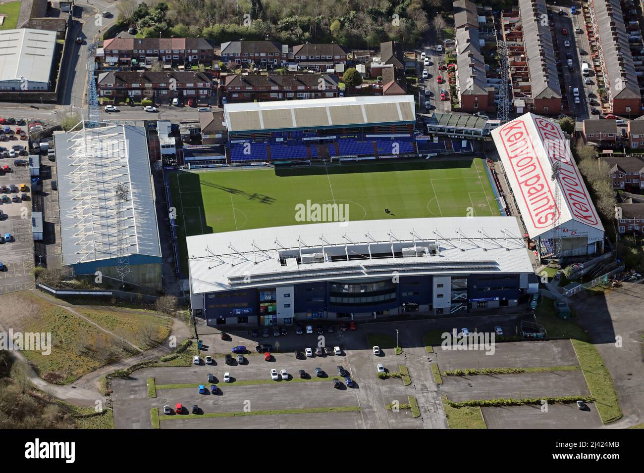 Vista aérea del estadio Boundary Park de Oldham Atheltic Foto de stock
