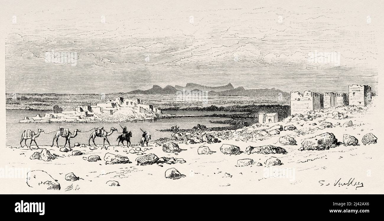 Vista panorámica general de la ciudad de Muzayrib, Siria. Peregrinación a Nedjed, cuna de la raza árabe por Lady Anna Blunt 1878-1879, Le Tour du Monde 1882 Foto de stock
