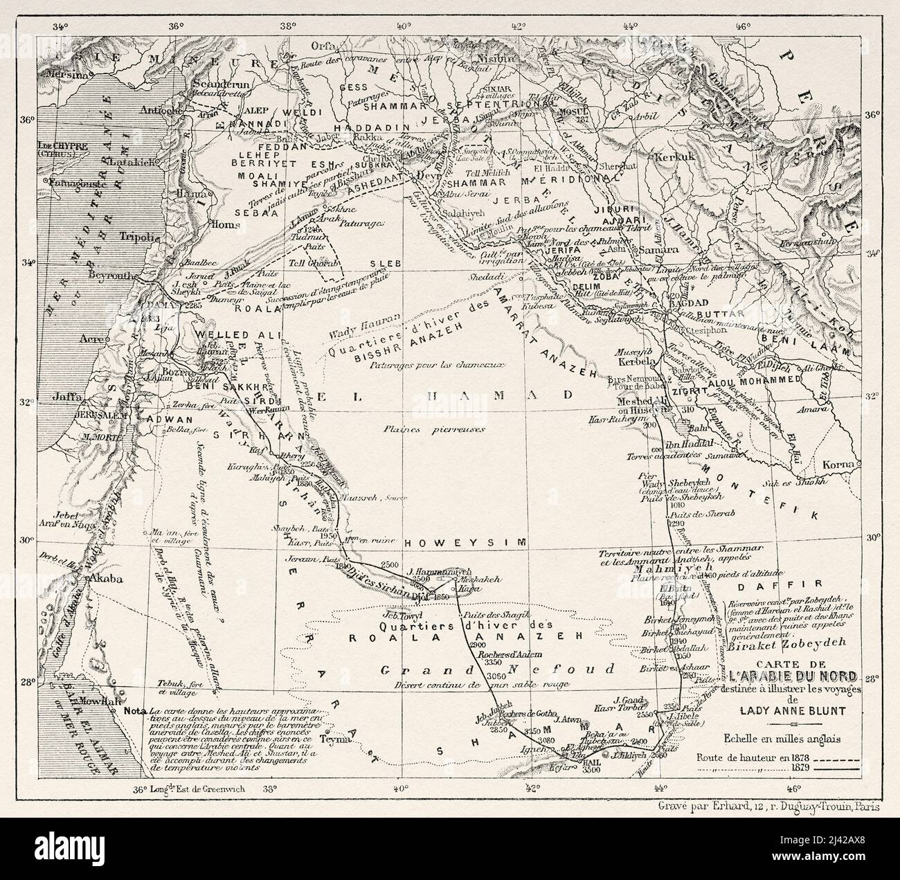 Mapa de Arabia del Norte desde peregrinación a Nedjed, cuna de la raza árabe por Lady Anna Blunt 1878-1879, Le Tour du Monde 1882 Foto de stock