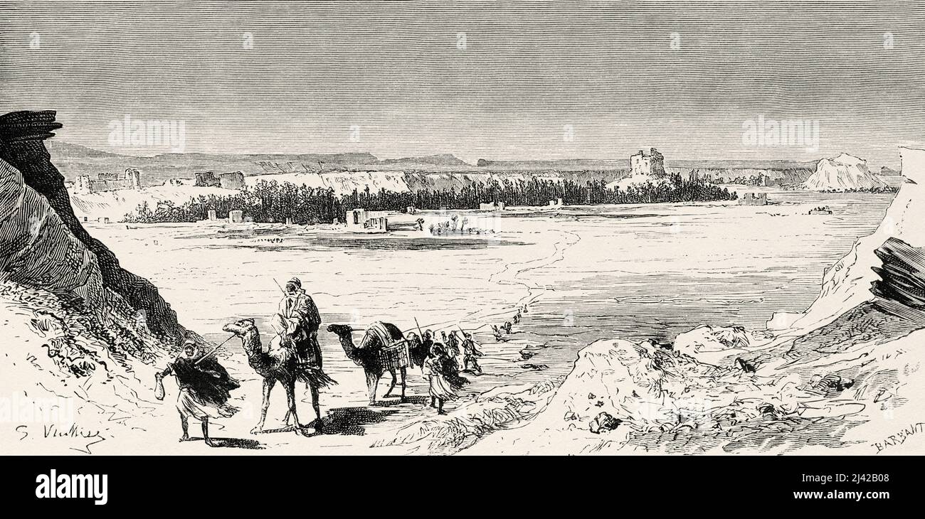 Vista panorámica general de la ciudad de Al-Jouf, Arabia Saudita. Peregrinación a Nedjed, cuna de la raza árabe por Lady Anna Blunt 1878-1879, Le Tour du Monde 1882 Foto de stock