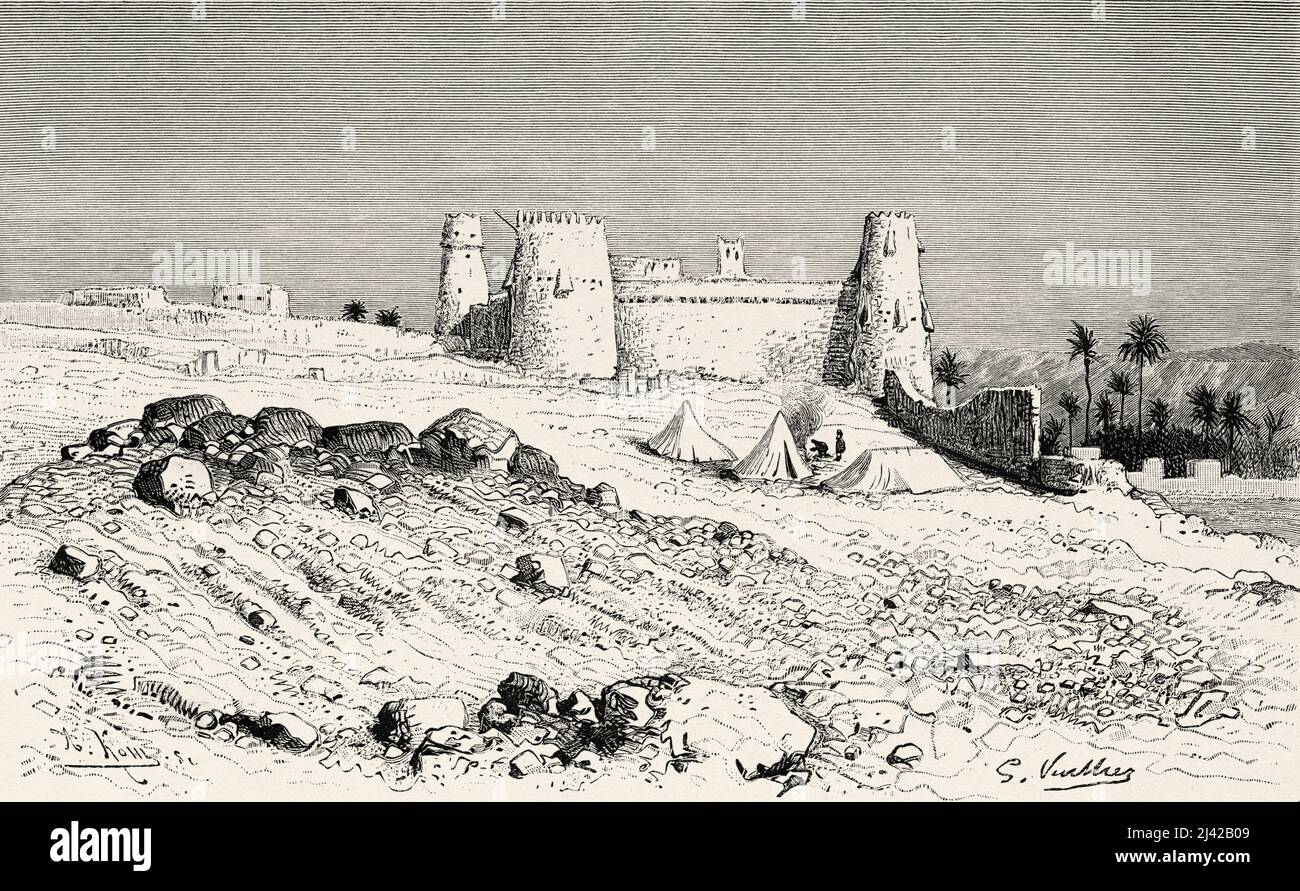 Castillo de Za'bal en Al-Jouf, Arabia Saudita. Peregrinación a Nedjed, cuna de la raza árabe por Lady Anna Blunt 1878-1879, Le Tour du Monde 1882 Foto de stock