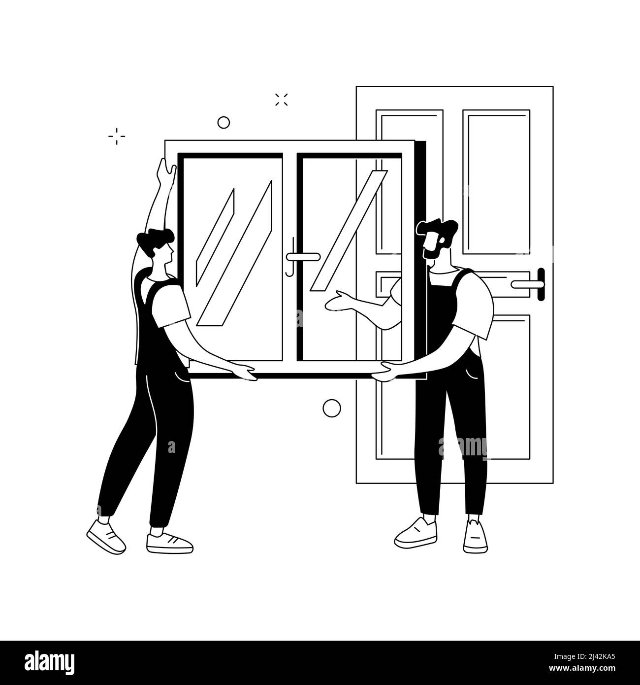 Servicios de ventanas y puertas abstracto concepto vector ilustración. Sustitución e instalación, mantenimiento de ventanas y puertas y contratista de reparación, brok Ilustración del Vector