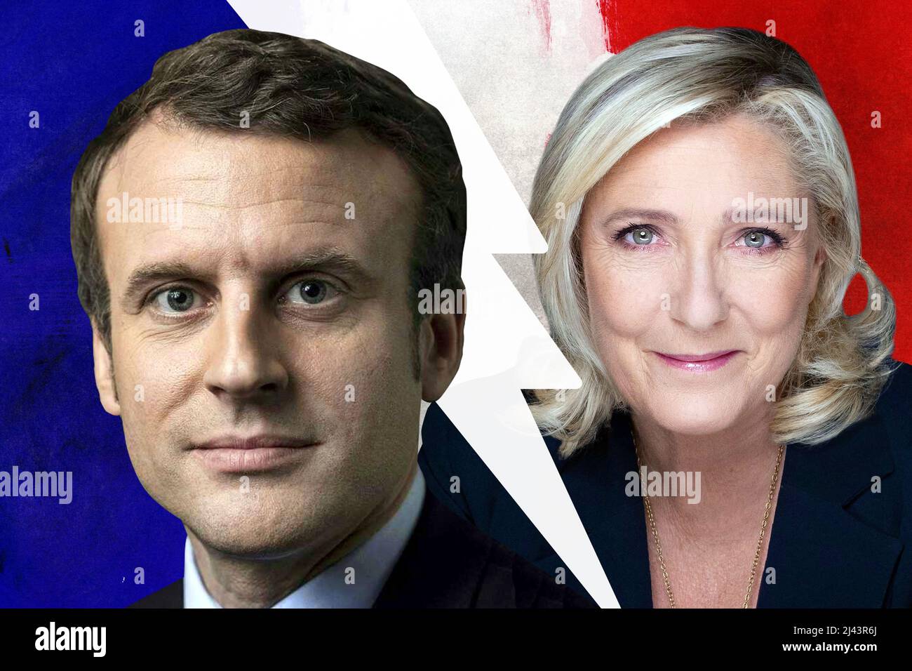 Emmanuel Macron y Marine Le Pen con la bandera francesa Foto de stock