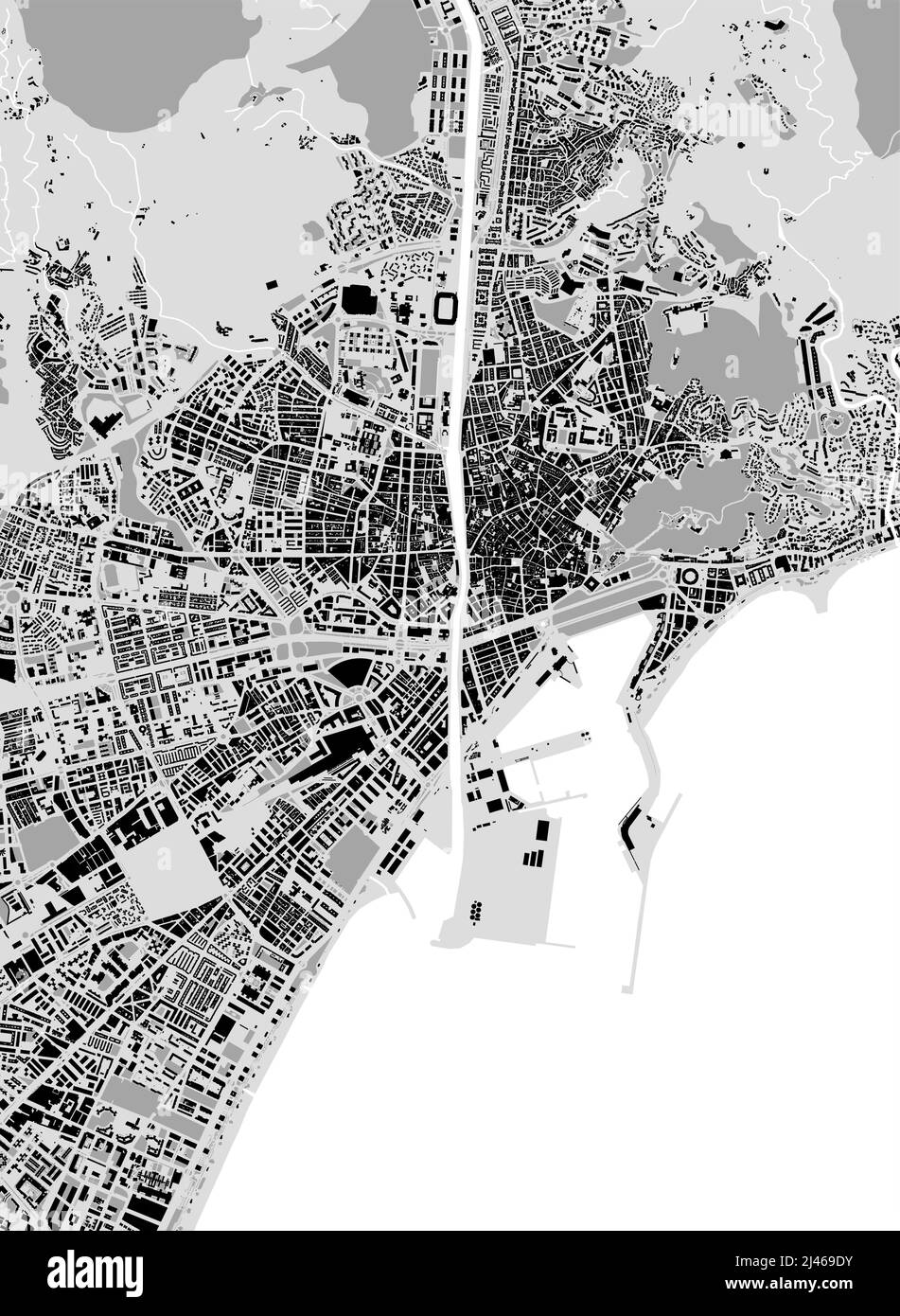 Mapa urbano de Málaga. Ilustración vectorial, póster artístico en escala de grises del mapa de Málaga. Imagen del mapa de calles con carreteras, vista del área metropolitana de la ciudad. Ilustración del Vector