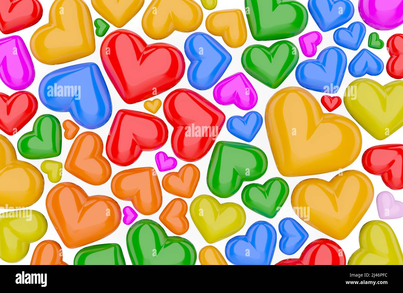 Diseño sin costuras con corazones coloridos. Día de San Valentín de fondo. Colorido corazón formas icono patrón amor y romance temática sobre fondo aislado. Foto de stock