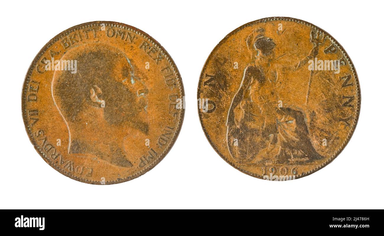 Monedas Británicas - One Pence, Edward VII Acuñado en bronce en 1906 Foto de stock