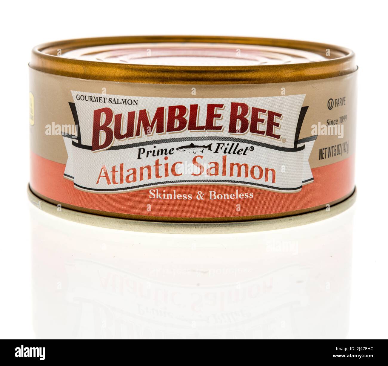 Winneconne, WI -10 de abril de 2022: Una lata de filete de abeja Bumble salmón atlántico sobre un fondo aislado Foto de stock