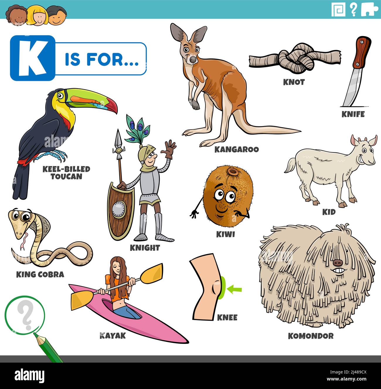 Ilustración educativa de dibujos animados para niños con personajes cómicos y objetos establecidos para la letra K. Ilustración del Vector