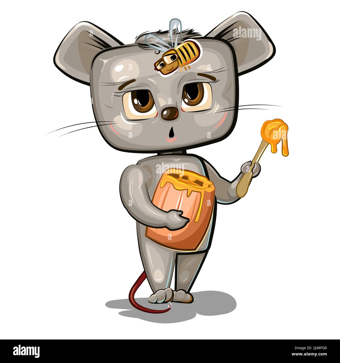 Ratón de dibujos animados con un diente dulce comiendo miel de un pequeño barril de madera. Miedo de la abeja. Divertidas ilustraciones infantiles para imprimir. Ilustración de la Imagen Vector de stock - Ratón de dibujos animados con un diente dulce comiendo miel de un pequeño barril de madera. Miedo de la abeja. Divertidas ilustraciones infantiles para imprimir. Ilustración de la Imagen Vector de stock -