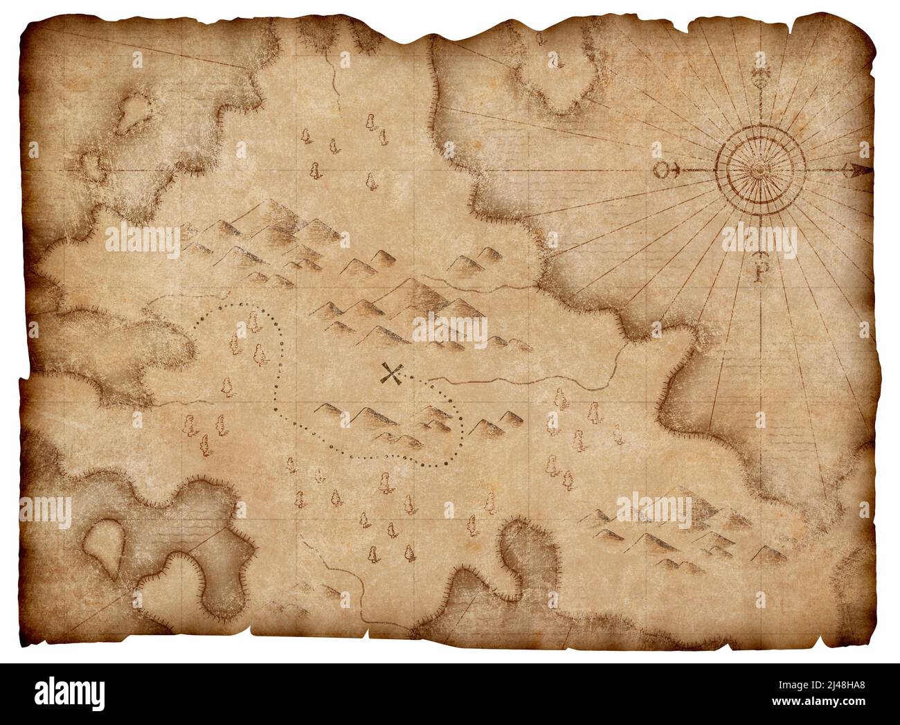 mapa medieval de los piratas con tesoros de la marca de camino aislado Foto de stock