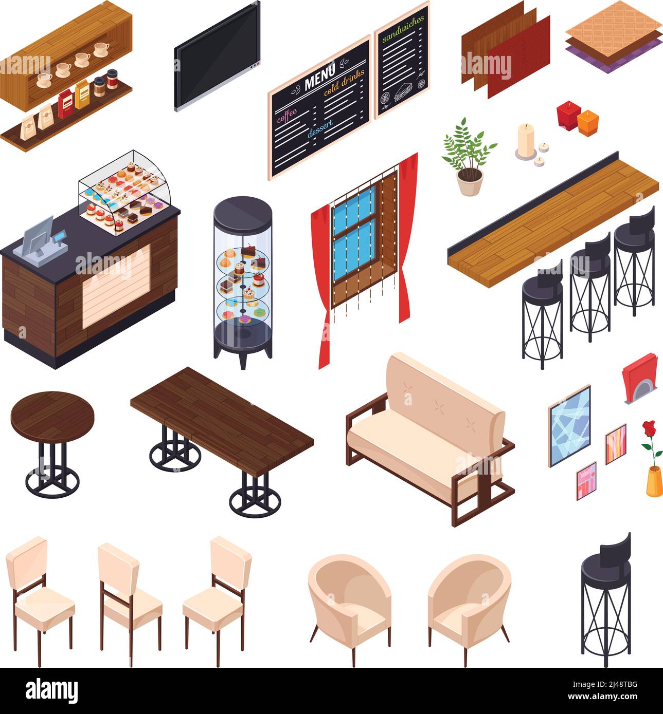 Café interior restaurante pizzería bistro cantina elementos isométricos  conjunto de muebles aislados y tienda muestra imágenes vector ilustración  Imagen Vector de stock - Alamy