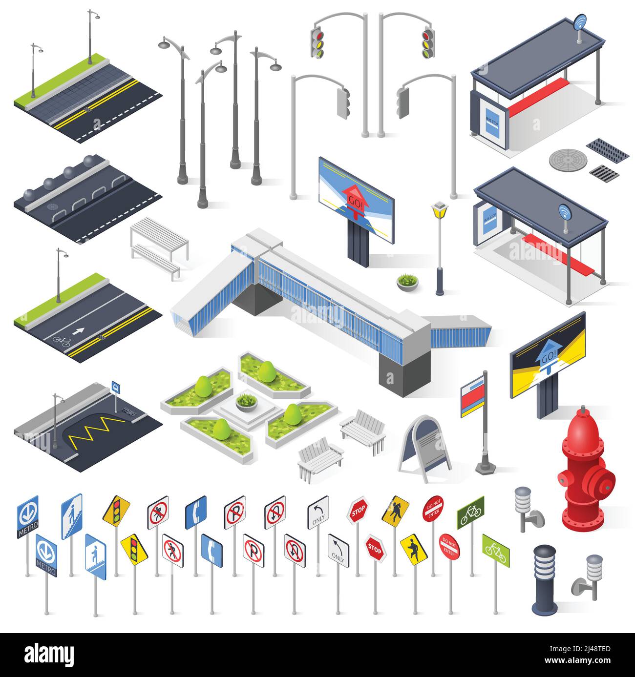 Conjunto de elementos isométricos de la calle de la ciudad para la construcción de urbano paisajes con luces de banco secciones de carretera con marcas señales de tráfico ve aislado Ilustración del Vector