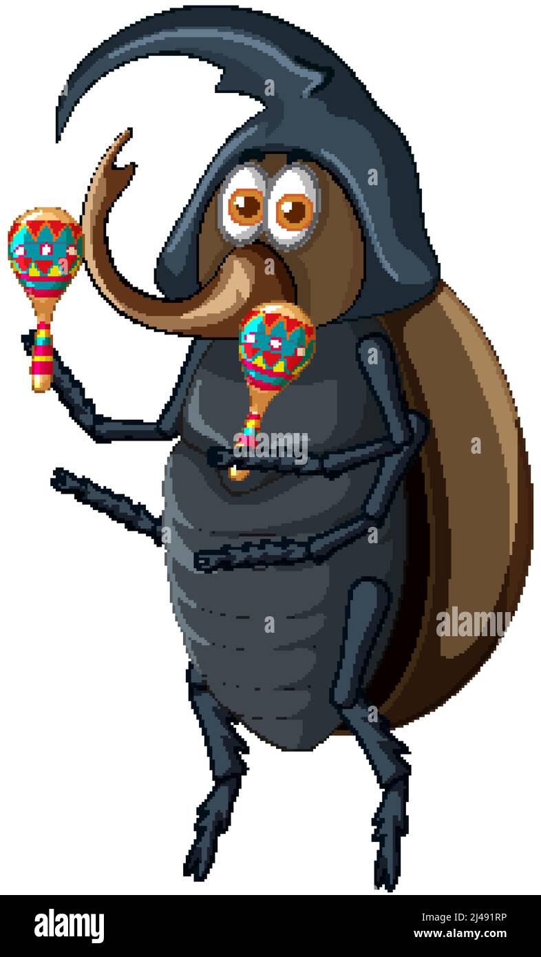 Un escarabajo que sostiene la ilustración de caricatura de maracas