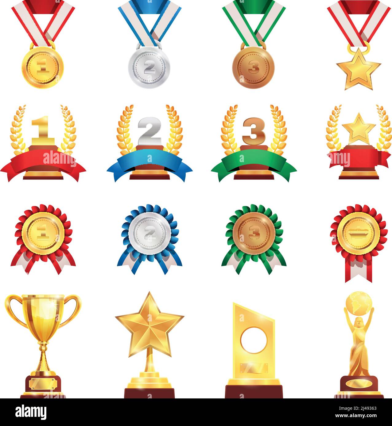 Festival de trofeos deportivos colección de premios con medallas de oro de  bronce plateado y el campeonato de fútbol de la copa aislado vector  ilustración Imagen Vector de stock - Alamy
