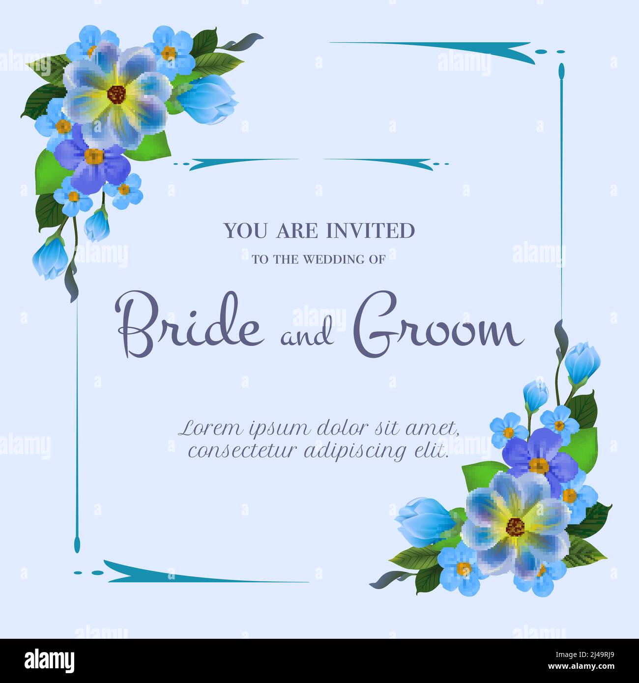 Diseño de invitación para bodas con flores azules sobre fondo azul claro.  El texto del marco se puede utilizar para tarjetas de invitación, postales,  guardar la fecha templat Imagen Vector de stock -
