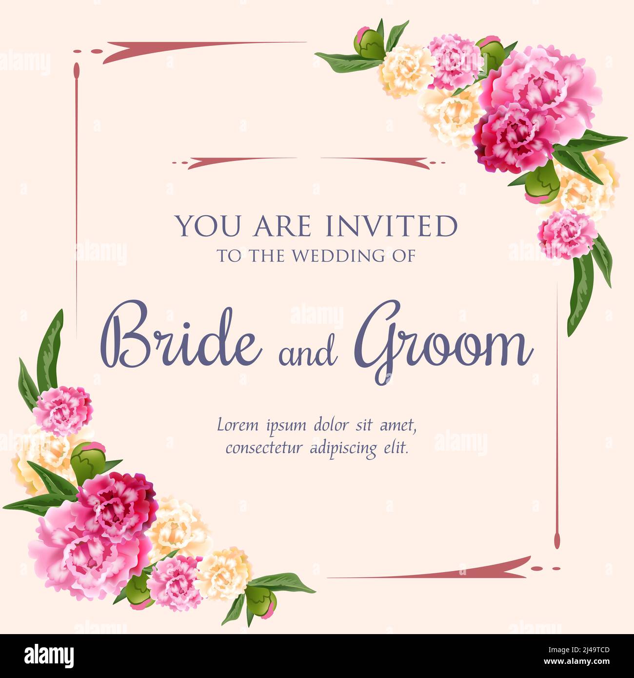 Diseño de invitación de boda con peonías rosadas y blancas sobre fondo rosa. El texto del marco se puede utilizar para tarjetas de invitación, postales, guardar la fecha tem Ilustración del Vector